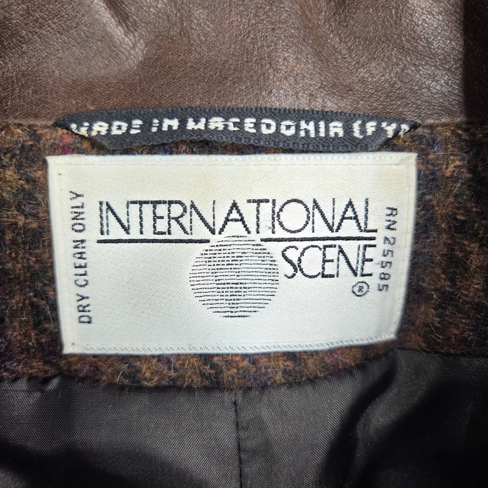 Vintage International Scene Brown Tweed Wool Leather Collar Jacket Luxury 11/12 - Picture 6 of 14